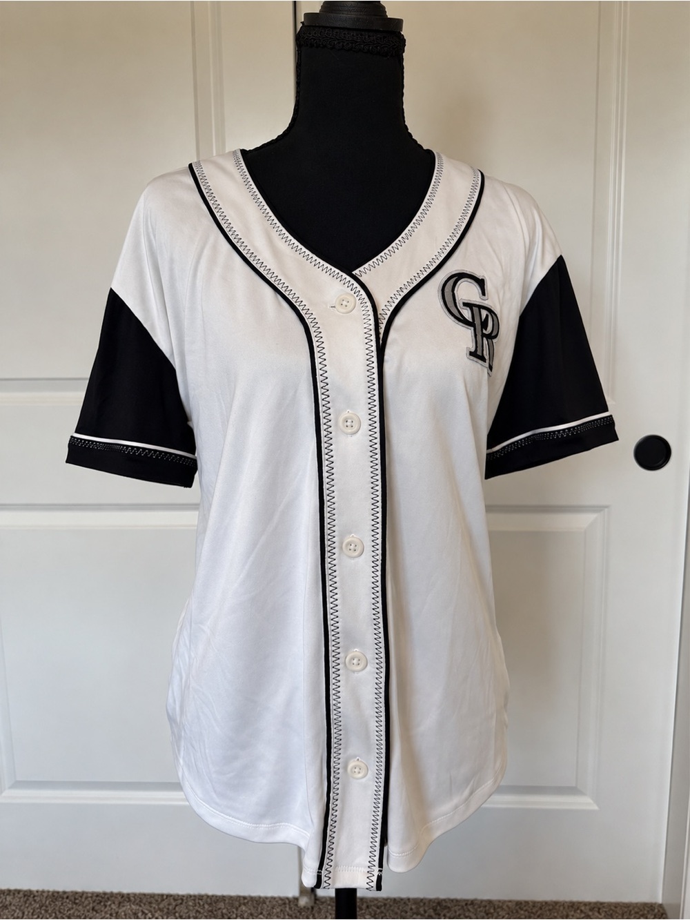 Women's White and Black Baseball Jersey with CP Embroidered Logo